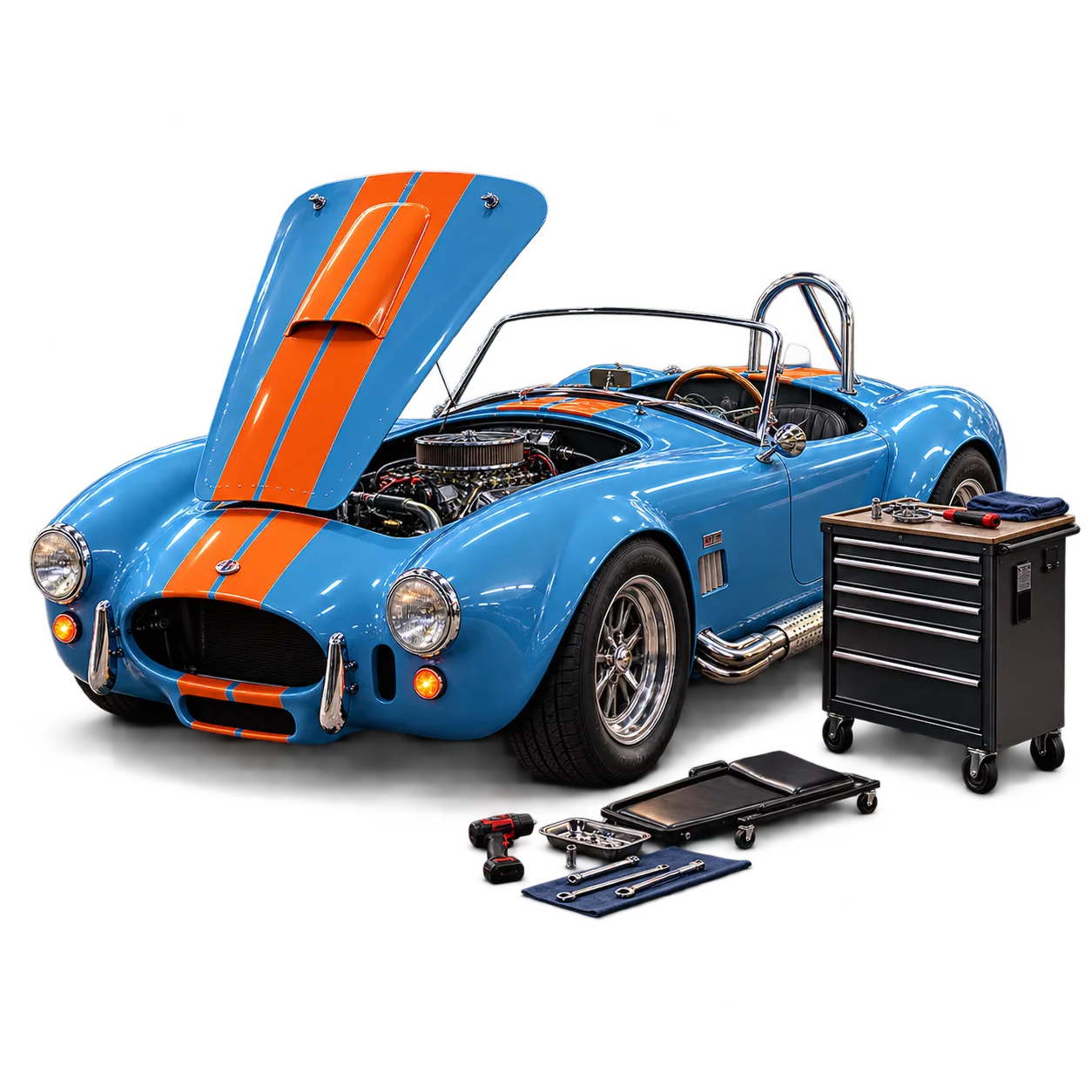 A Cobra up on the ramps with its bonnet off